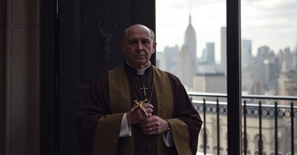 Tradycyjny ksiądz katolicki w ornatach stojący przed zamkniętymi drzwiami kościoła w Nowym Jorku, symbolizujący opór wiary przed nowoczesnym kompromisem.