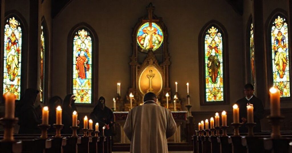 Wnętrze kościoła z modlącym się księdzem i chińskimi katolikami w czasie prześladowań