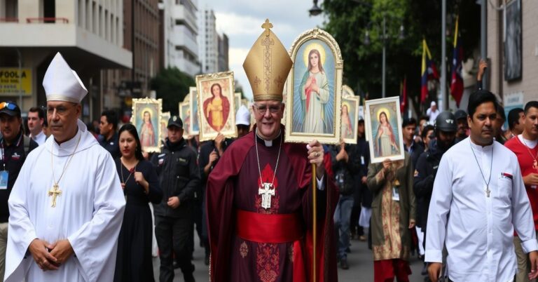 Procesja katolicka w Wenecueli pod przewodnictwem tradycyjnego księdza w ornaty, z wiernymi niosącymi obrazy Serca Jezusa i Niepokalanej Maryi Panny.