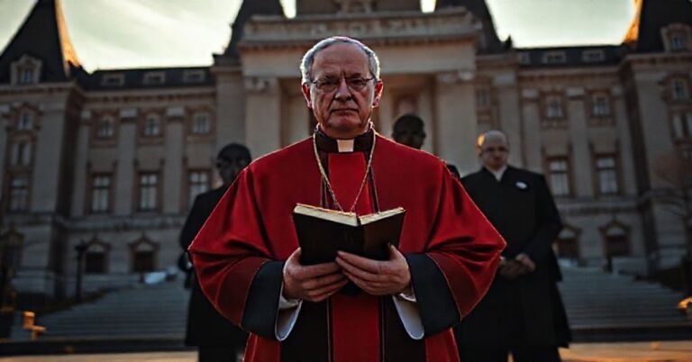 Biskup katolicki w tradycyjnych szatach stoi przed kanadyjskim parlamentem trzymając Biblię