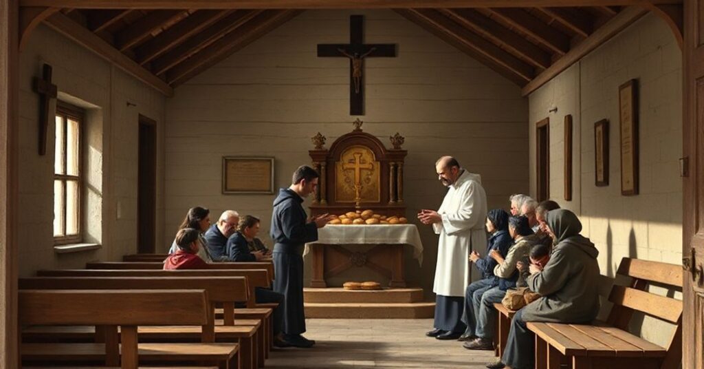 Tradycyjny katolicki dom dla ubogich z kaplicą i tabernakulum na tle.