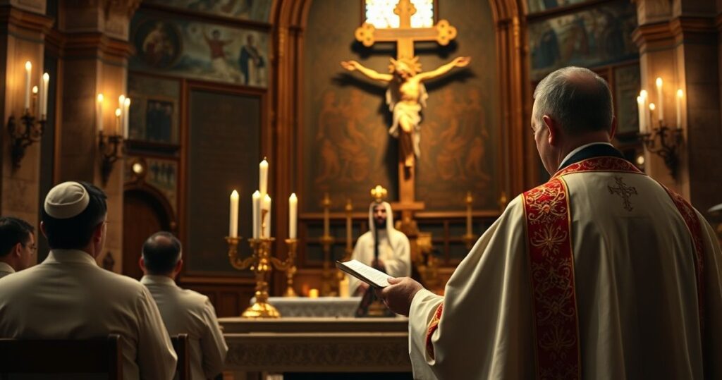 Katolicki duchowy obraz ukazujący kapłana modlącego się przy ołtarzu z Eucharystią i krzyżem, symbolizujący wierność naukom Kościoła i Królowi Chrystusowi.