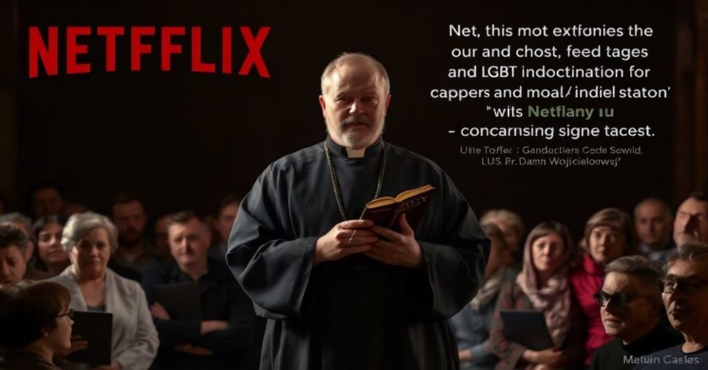 Obraz przedstawiający tradycyjnego katolickiego księży lub członka zakonu stającego przed zgromadzeniem zaniepokojonych rodzin, z ciemnym tłem symbolizującym zagrożenie propagandy LGBT. Na pierwszym planie widoczne są odniesienia do Netflix i instytucji UE jako symboli upadku moralnego.