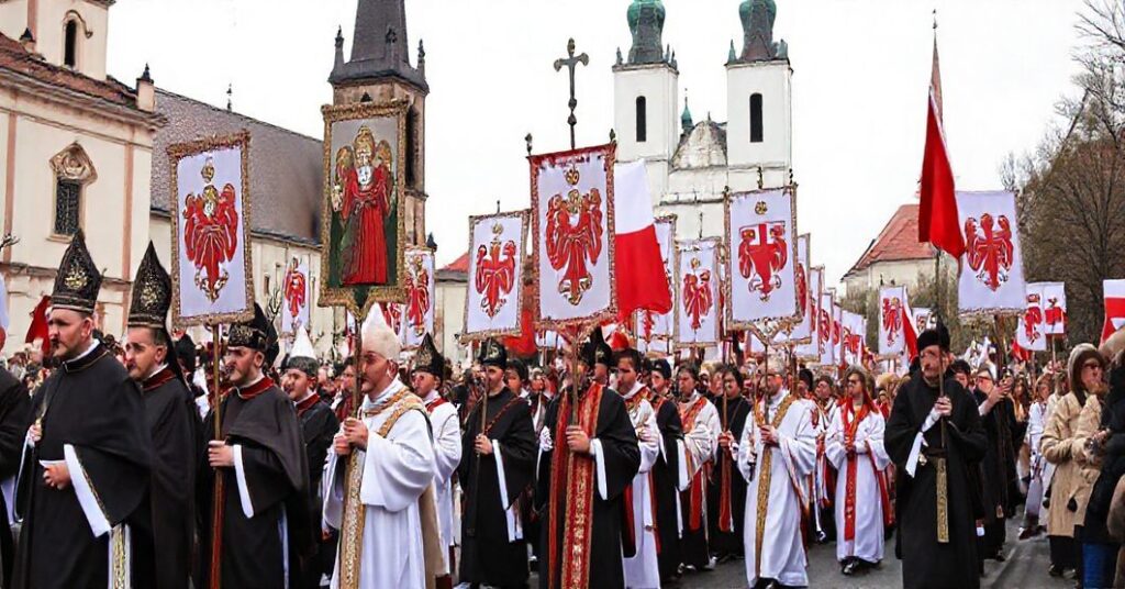 Procesja katolicka w Polsce z symbolami Chrystusa Króla i herbów narodowych