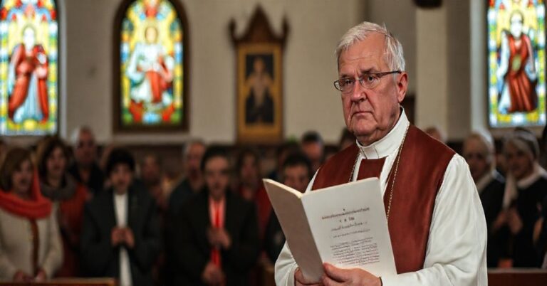 Ksiądz w tradycyjnym habitach trzyma dokument o patriotyzmie przed obecnością wiernych w kościele