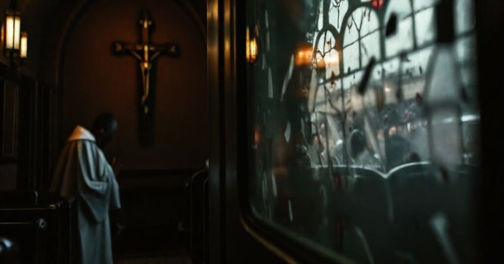 Kobieta modli się w tradycyjnym kościele katolickim z widokiem chaosu na dworcu kolejowym w tle