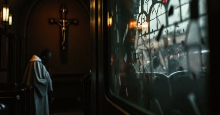 Kobieta modli się w tradycyjnym kościele katolickim z widokiem chaosu na dworcu kolejowym w tle