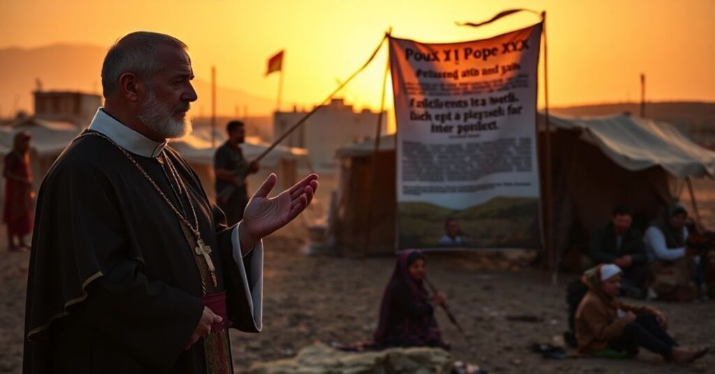 Ksiądz katolicki w tradycyjnych szatach modli się przed grupą palestyńskich rodzin w obozie na Zachodnim Brzegu; osiedla żydowskie są widoczne na tle zachodu słońca.