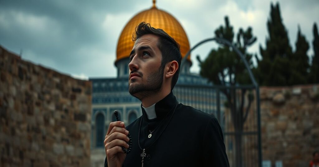 Katylicki pielgrzym modli się przed zamkniętym meczetem Al-Aksa w Jerozolimie w 2025 roku