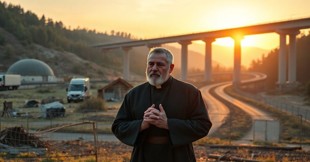 Katolicki pielgrzym modli się przed budową drogi ekspresowej S1 w górach Beskidzkich, symbolizując konflikt pomiędzy postępem świeckim a tradycjami katolickimi.