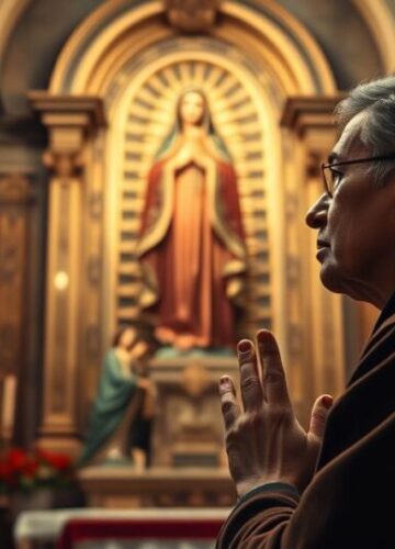 Katolicki pielgrzym modlący się przed obrazem Matki Boskiej Częstochowskiej Realistyczne zdjęcie katolickiego pielgrzyma modlącego się przed obrazem Matki Boskiej Częstochowskiej w tradycyjnej świątyni