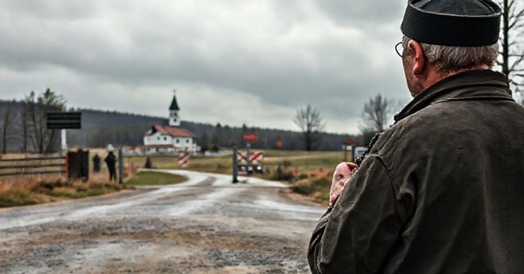 Pielgrzym katolicki stoi przy zamkniętym przejściu granicy Kuźnica Białostocka-Bruzgi, trzymając różaniec i patrząc z troską w kierunku Białoruskiego terytorium.