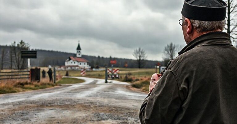 Pielgrzym katolicki stoi przy zamkniętym przejściu granicy Kuźnica Białostocka-Bruzgi, trzymając różaniec i patrząc z troską w kierunku Białoruskiego terytorium.