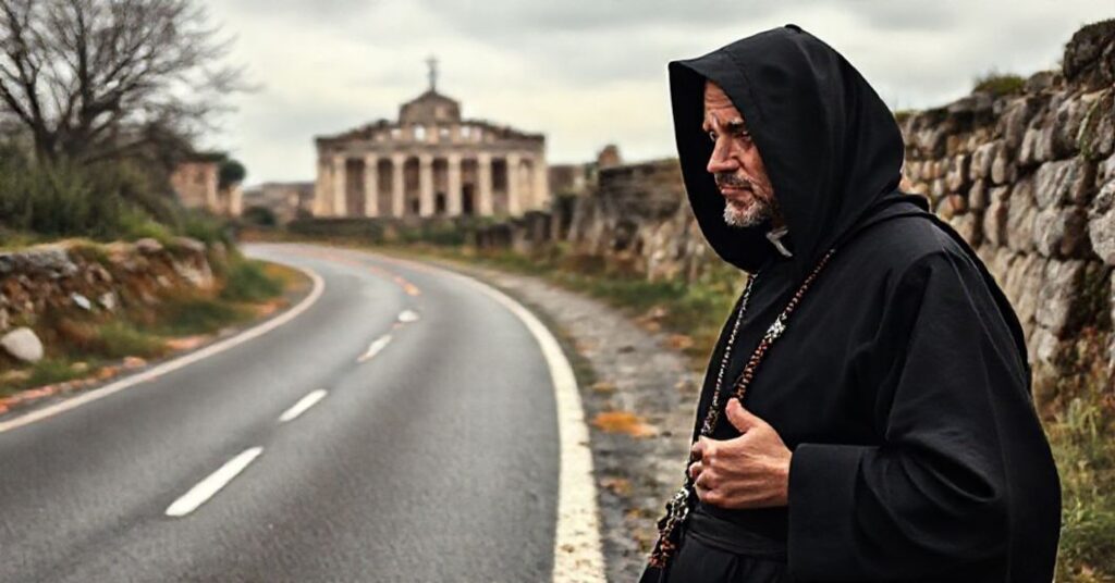 Katolicki pielgrzym w tradycyjnym stroju czarnego habitu stoi przy szlaku Romea Strata oznaczanym pomarańczowo-czerwonymi strzałkami. Na tle widoczne są ruiny dawnych kościołów europejskich. Twarz pielgrzyma wyraża smutek i refleksję nad apostazją współczesnej pielgrzymki.