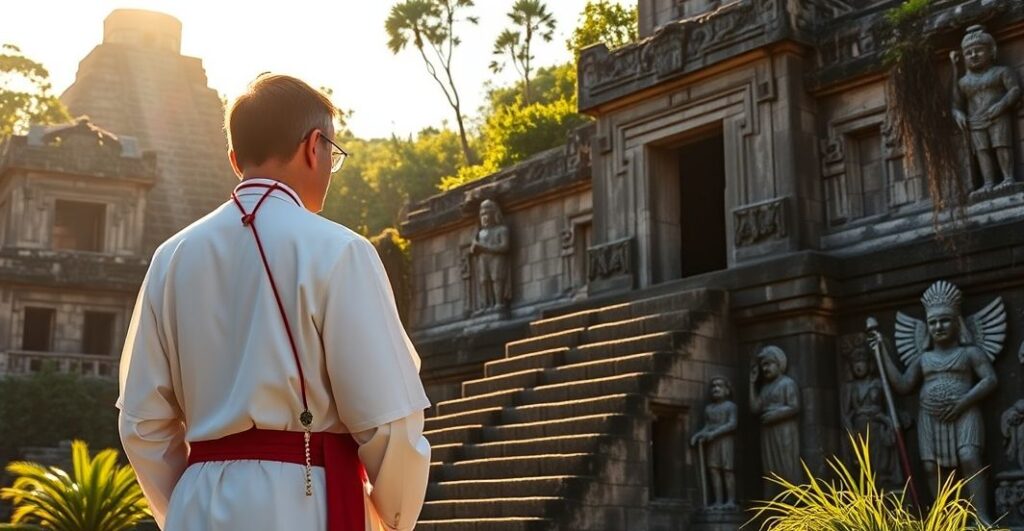 Katolicki pielgrzym modli się przed ruiny Majów, ostrzegając przed synkretyzmem religijnym