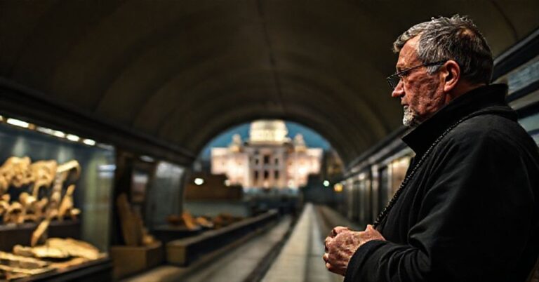 Katolicki pielgrzym stoi na stacji metra w Rzymie koło Koloseum, patrząc z smutkiem na wystawy archeologiczne z czasów pogańskich, trzymając różaniec.