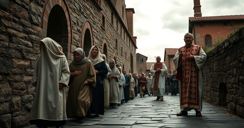 Pielgrzymi katoliccy w tradycyjnych szatach w drodze do sanktuarium, z kapłanem prowadzącym, na historycznej ścieżce, ukazani z szacunkiem i pokorą