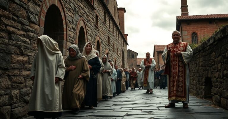 Pielgrzymi katoliccy w tradycyjnych szatach w drodze do sanktuarium, z kapłanem prowadzącym, na historycznej ścieżce, ukazani z szacunkiem i pokorą