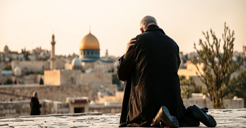 Pielgrzym katolicki modlący się w Ziemi Świętej przy tradycyjnym ołtarzu Mszy Świętej na tle starożytnego Jerozolimy