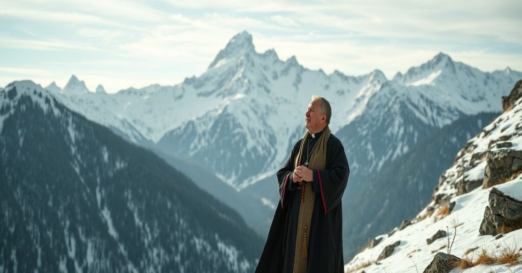 Katolicki pielgrzym na tle lawiny w Tatrach, symbolizujący wezwanie do pokuty i uznania wszechmocy Boga