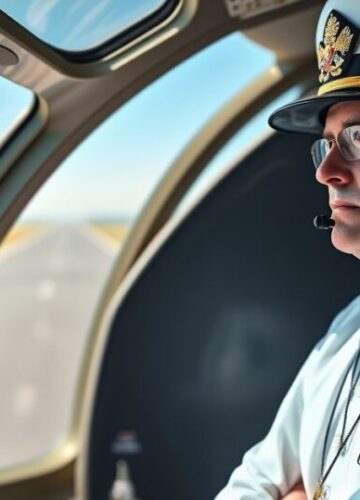 Katolicki pilot i moralny obowiązek wobec Bożego prawa Katolicki pilot w mundurze, stojący w kokpicie samolotu, wyraz powagi i troski, symbol moralnego obowiązku wobec Bożego prawa w obliczu eksperymentalnych szczepień