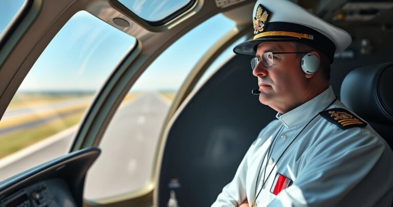 Katolicki pilot w mundurze, stojący w kokpicie samolotu, wyraz powagi i troski, symbol moralnego obowiązku wobec Bożego prawa w obliczu eksperymentalnych szczepień