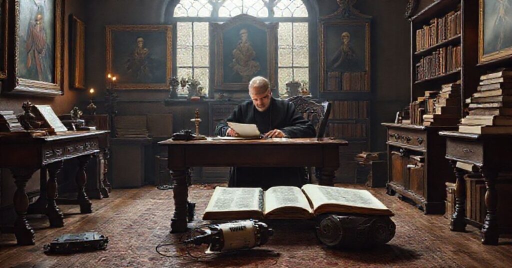 Stary katolicki pisarz siedzi przy starym biurku w ciemnym gabinecie otoczony dziełami sztuki religijnej i książkami. Wpatruje się w pusty manuskrypt z troską o utratę boskiej inspiracji w literaturze. Przyrząd AI leży na podłodze.