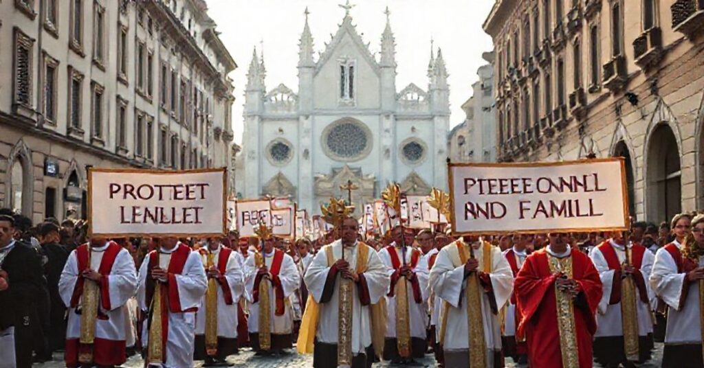 Pochód katolicki w tradycyjnych szatach liturgicznych z transparentami 'Ochrona Życia i Rodziny' na tle gotyckiego kościoła.