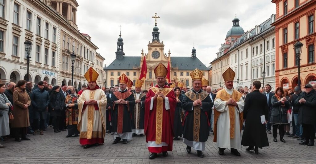 Rewersyjna, poważna scena katolickiego pochodu z duchownymi i wiernymi w historycznym otoczeniu, ukazująca szacunek i wierność tradycji kościelnej