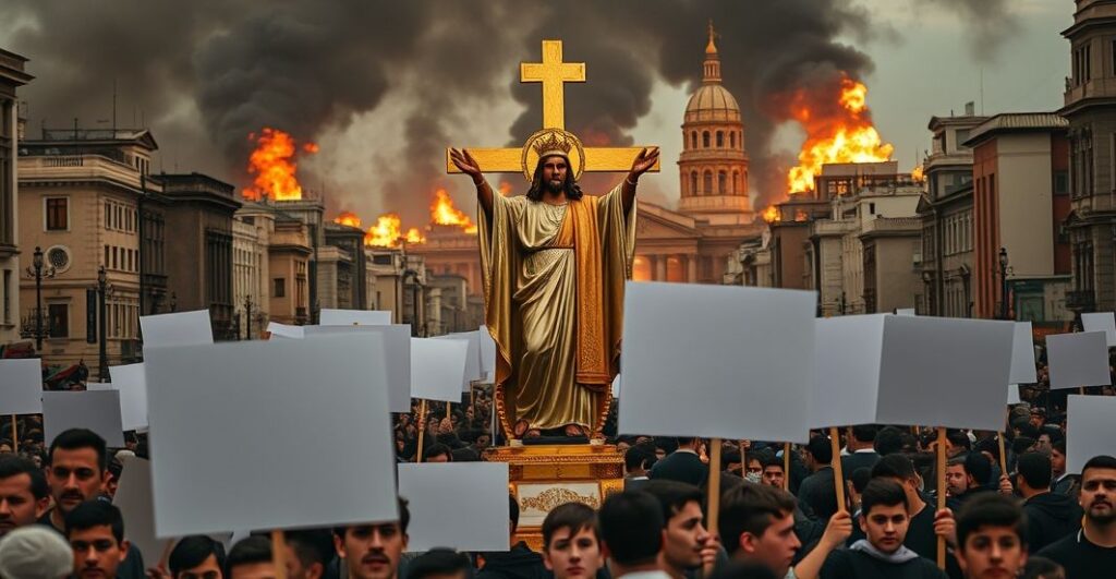 Poczet katolicki z rzeźbą Chrystusa Króla na tle spaliących się rządowych budynków w mieście na Bliskim Wschodzie, młode protestujące tłumy z pustymi transparentami