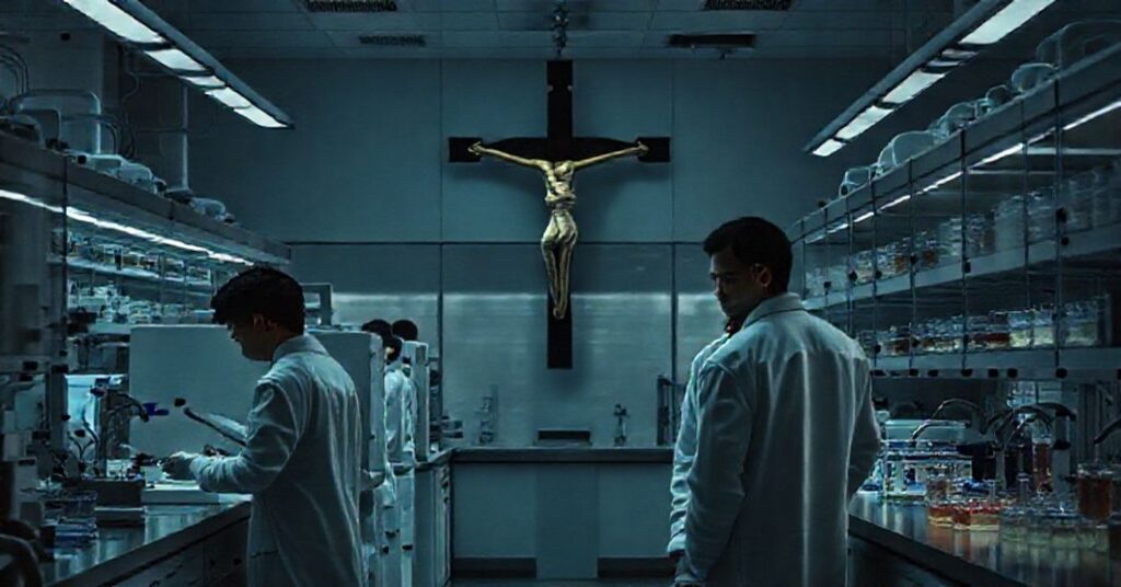 Wizualizacja laboratorieskich badań nad sztucznymi ludzkimi genomami przez brytyjskich naukowców, z akcentem na moralne wątpliwości z katolickiego punktu widzenia.