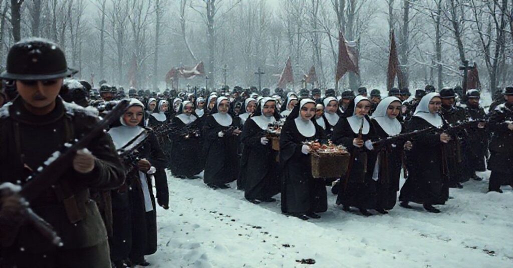 Pogrzeb siostry katarzynki w sniegu otoczonych przez sowieckich żołnierzy - krytyka fałszywego męczeństwa