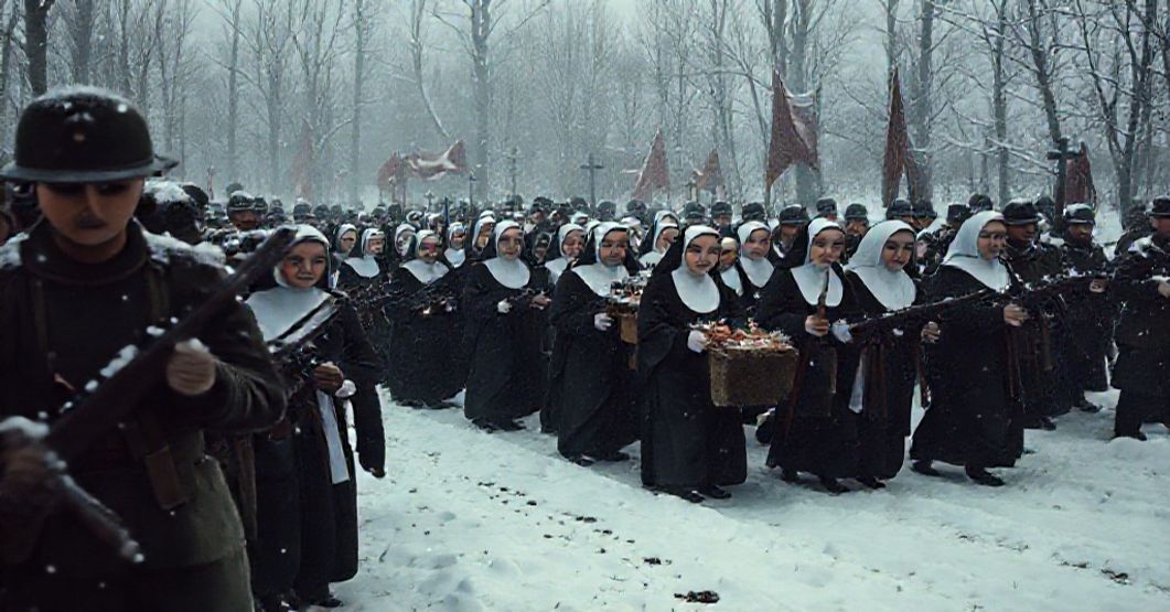 Pogrzeb siostry katarzynki w sniegu otoczonych przez sowieckich żołnierzy - krytyka fałszywego męczeństwa