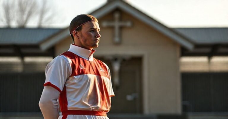 Sportowiec w olimpijskim stroju z symbolami narodowymi i religijnymi w tle