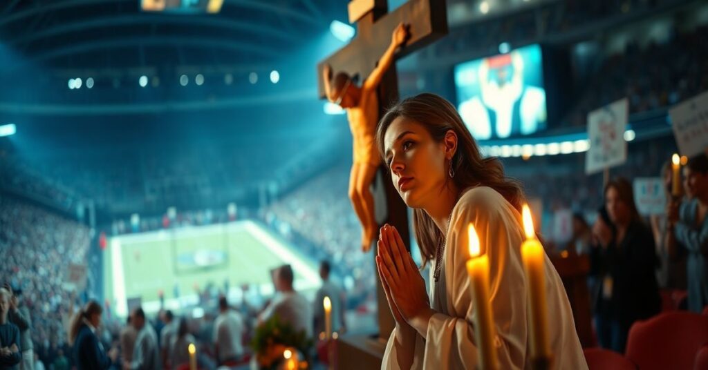 Kobieta modląca się przed krzyżem w tradycyjnym kościele, odbijająca moralny konflikt z reklamą z Super Bowl LX o adopcji.