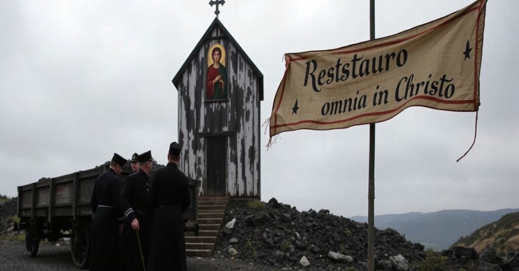 Ostatni wagonik węgla jest wyciągnięty z kopalni w Karwinie, Czechy. Polscy górnicy w tradycyjnych mundurach stoją poważnie w tle. Scena jest przygaszona, symbolizując duchową i ekonomiczną katastrofę zamknięcia kopalni.