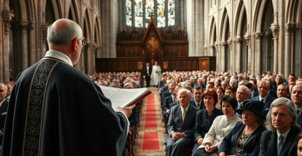 Realistyczny obraz katolickiego pogrzebu z kapłanem w liturgicznych szatach, królewską rodziną i wiernymi, ukazujący głęboką pobożność i wierność tradycyjnej mszy w dużej katedrze
