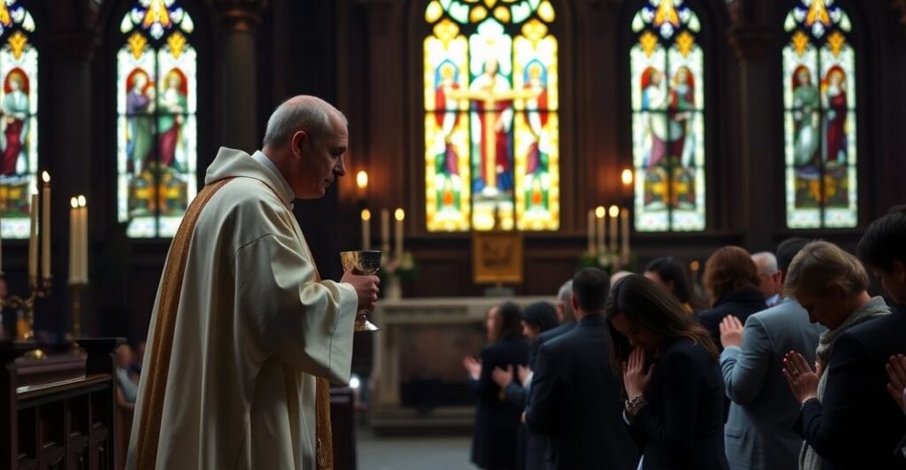 Tradycyjny katolicki pogrzeb w kościele, z kapłanem w ornaty i wiernymi modlącymi się w pokorze.