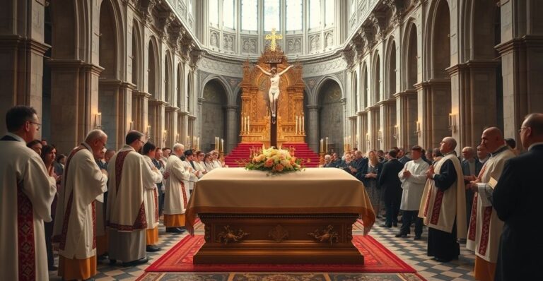 Realistyczny obraz katolickiego pogrzebu w katedrze, z kapłanami w liturgicznych szatach i żałobnikami, oddający szacunek dla prawdziwej wiary katolickiej
