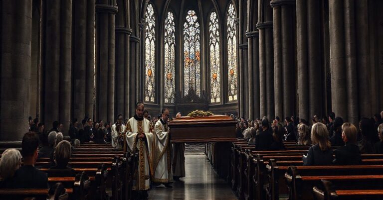 Realistyczny obraz katolickiego pogrzebu z kapłanami w liturgicznych szatach, w sakralnym wnętrzu kościoła, podkreślający powagę i sacrum, bez symboli czy surrealistycznych elementów.