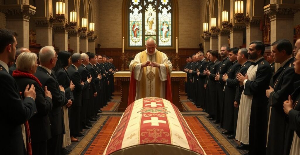 Rewerentny katolicki pogrzeb z kapłanem w liturgicznych szatach, oddający cześć męczennikom w tradycyjnym kościele, w atmosferze powagi i modlitwy
