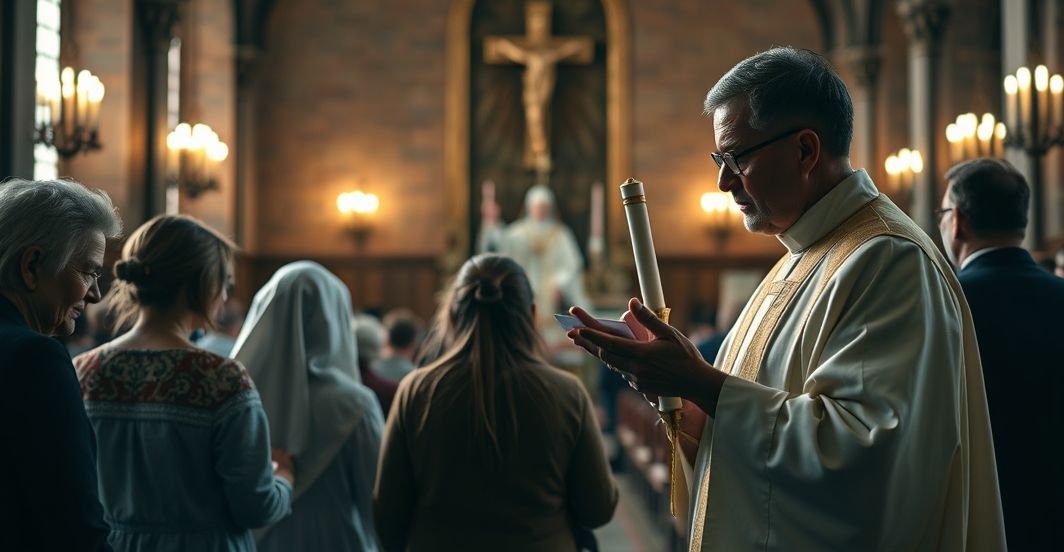 Religijne, poważne ujęcie katolickiego pogrzebu z kapłanem w tradycyjnych szatach, podkreślające modlitwę za zmarłych i refleksję nad wiecznością