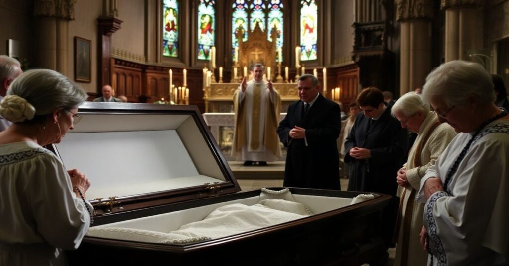 Scena pogrzebu w tradycyjnym kościele katolickim z rodziną modlącej się za zmarłą