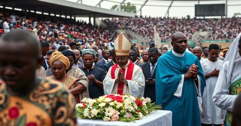 Pogrzeb katolicki w Nairobi z duchownym modlącym się za ofiary przemocy politycznej
