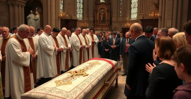 Sentymentalny, realistyczny obraz katolickiego pogrzebu, ukazujący duchową i sakramentalną atmosferę, oddając hołd ofiarom Katynia z głębokim szacunkiem i wiarą w Króla Niebieskiego.