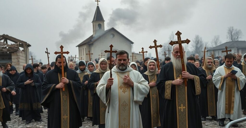 Pogrzeb katolicki w zniszczonym mieście na Ukrainie po rosyjskim ataku na autobus z górnikami.
