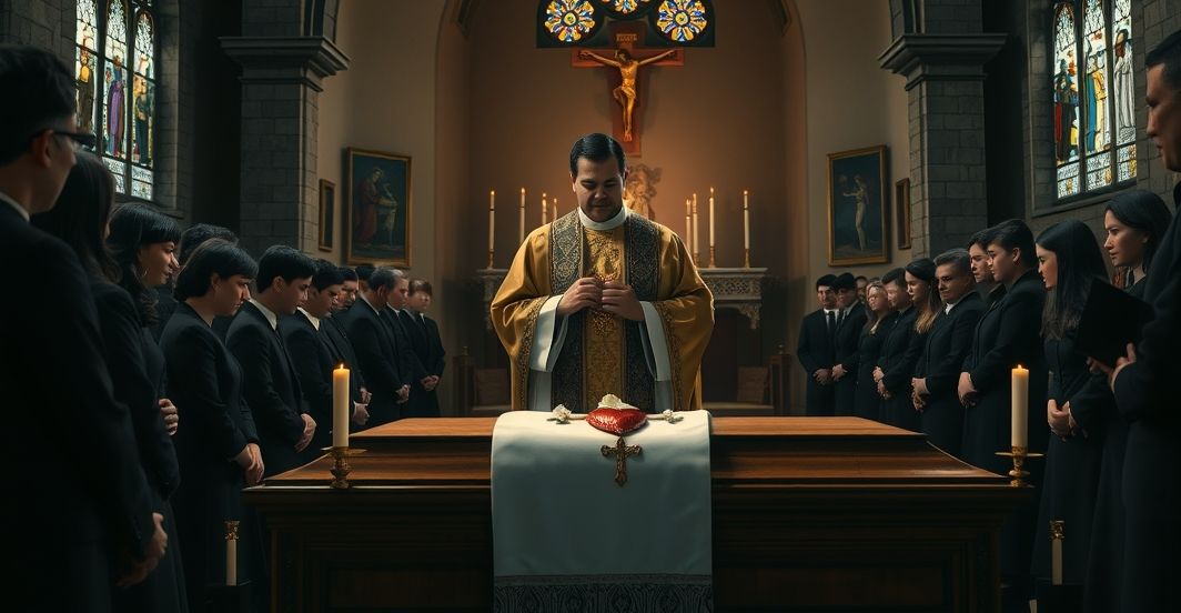 Realistyczne, modlitewne ujęcie katolickiego pogrzebu z kapłanem i wiernymi, podkreślające sakralność i powagę momentu
