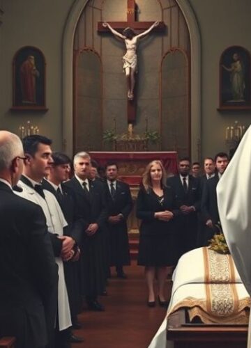 Pogrzeb katolicki jako symbol prawdziwej wiary i troski o zbawienie dusz Realistyczne zdjęcie katolickiego pogrzebu z kapłanem, wiernymi, i kościołem, symbolizujące powagę i duchową refleksję nad śmiercią protestanckiego aktywisty