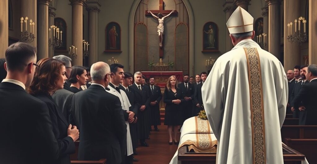 Realistyczne zdjęcie katolickiego pogrzebu z kapłanem, wiernymi, i kościołem, symbolizujące powagę i duchową refleksję nad śmiercią protestanckiego aktywisty