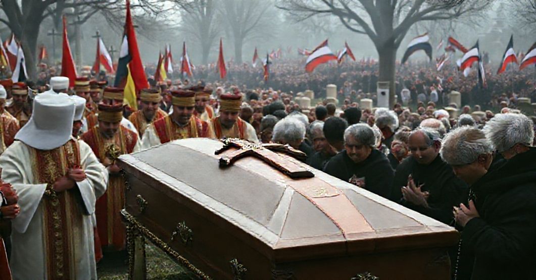 Katolicki pogrzeb Stanisława Wacławskiego - konflikt między wiarą a ideologią Pogrzeb Stanisława Wacławskiego - procesja katolicka z trumną i krzyżem, kontrastująca z nacjonalistycznymi symbolami w tle, podkreślająca konflikt między prawdziwym męczeństwem a polityczną ideologią.